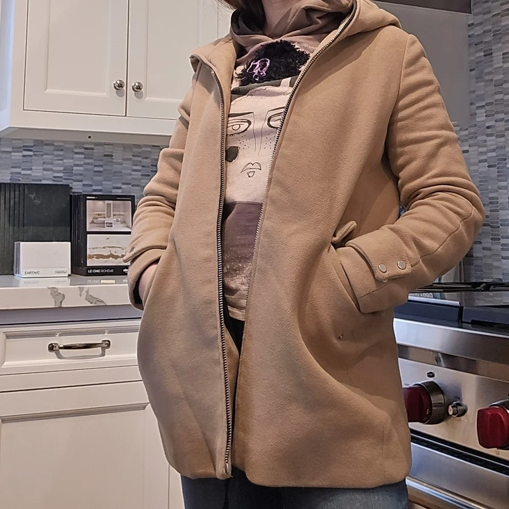 Mango tan wool zip hooded coat - Picture 3 of 6